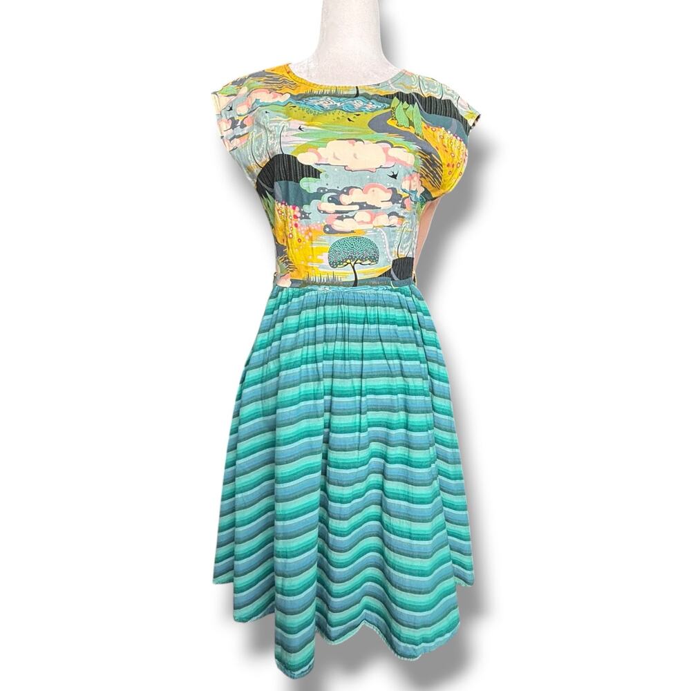 Retrolicious Scenic Print Dress Teal Stripe Skirt Cap Sleeve USA Small Whimsical